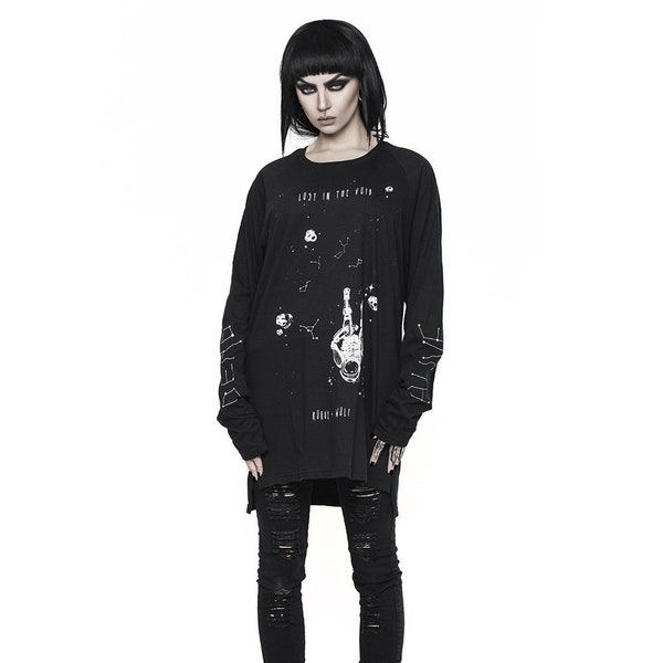 Lost In The Void Long Sleeve Tee - An oversized, long-sleeve tee with round neckline and split-length hem by Rogue & Wolf