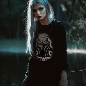 Serpents’ Gaze Long Sleeve Unisex Tee: Witchy Pagan Gothic Clothing - Alternative Occult Vegan - On Demand Eco-friendly Sustainable Fashion