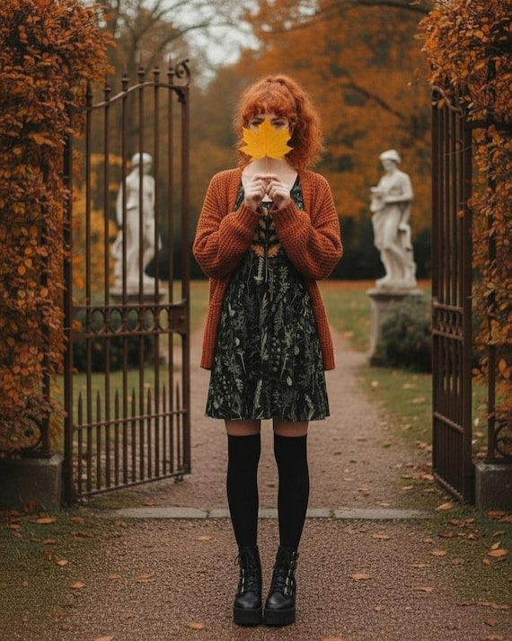 Autumn Botanical Skater Dress - Dark Academia Witchy Fashion