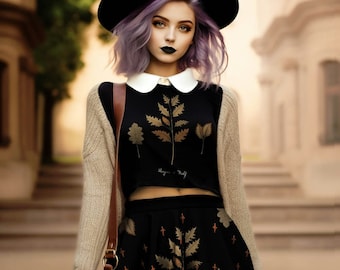 Autumn Memoir Skater Skirt - Dark Academia Witchy Botanical Vegan Skirt with UPF 50+ Protection from 98% harmful rays