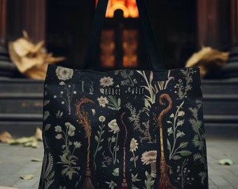 Witches' Broomsticks Vegan Tote Bag for Women - Dark Academia Witchy Botanical Large Foldable Bag for Travel Work Gym Goth Gifts