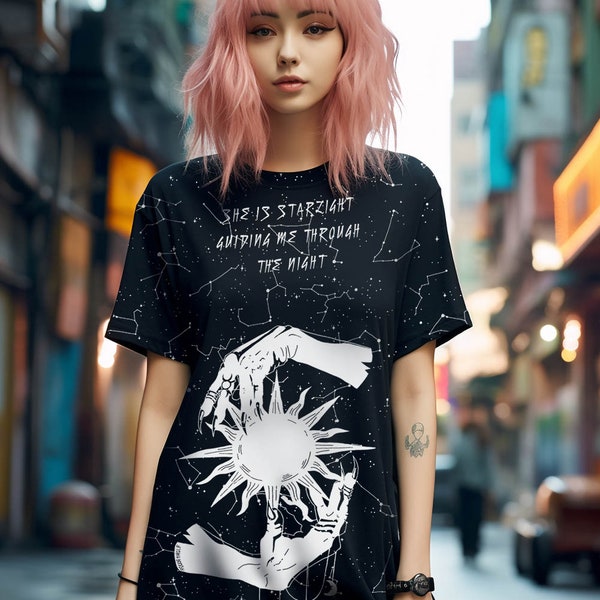 Starlight Tee Dress - T-shirt oversize végétalien Witchy Alt Style occulte Grunge esthétique unisexe Goth noir robe