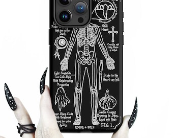 May include: Black phone case with a white illustration of a skeleton with the text "Vampire Anatomy" and "Fig 1." The illustration includes details about vampire anatomy, such as "Elongated Sharp Canines", "Still Heart", "Crucifix and Holy Water is Lethal", "Light Sensative Ice Cold Skin", "Stake to the Heart can kill", "Garlic Causes Burning to Shin, Eyes and Nose", and "Razor Sharp Claws with Reinforced Bones for extra Agility".