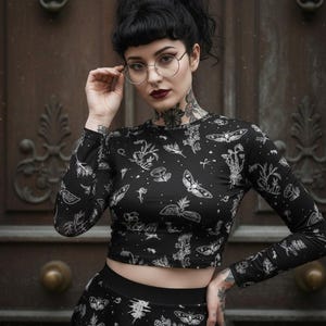 Nightshade Recycled Crop Top – Vegan Gothic Long Sleeve, UPF 50+