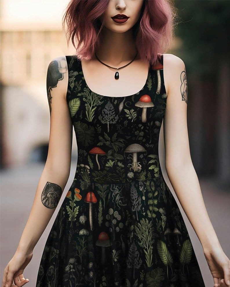 Foraging Skater Dress Dark Academia Cute Botanical Vegan Dress Witchy Pagan Occult Fashion Christmas Goth Gifts image 1