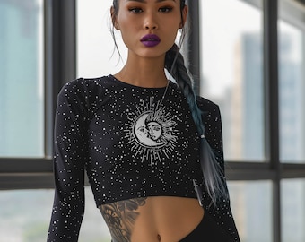 Astral Long Sleeve Crop Top - Cute Black Cropped Tee with UPF 50+ Protection, Pagan Gothic Sportwear, Witchy Grunge Activewear