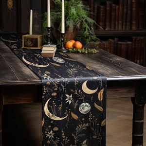 Moonlit Botanica Table Runner - Botanical Dinner Table Setup - Gothic Witchy Kitchen - Dark Academia Home Decor