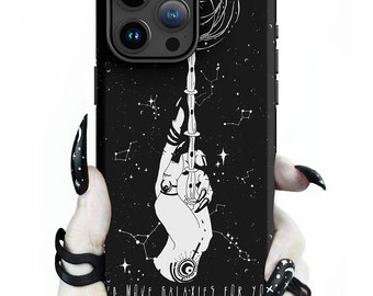 May include: Black phone case with a white illustration of a hand holding a wand with a galaxy swirling around it. The text "I'd move galaxies for you" and "Rogue Wolf" are printed on the case.