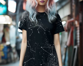 Constellation Tee Dress - Vegan Oversized T-shirt Witchy Alt Style Occult Grunge Aesthetic Unisex Goth Black Dress