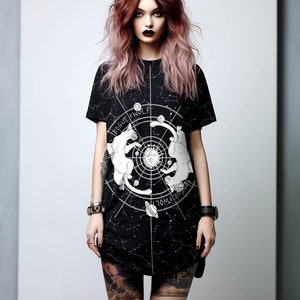 Purr Nebula Tee Dress - Vegan Oversized T-shirt Witchy Alt Style Occult Grunge Aesthetic Unisex Goth Black Dress