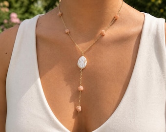Handgemaakte barokke parel Y-ketting, zonnesteen, 18-karaats vergulde ketting, sieraden in kuststijl