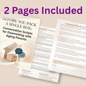 May include: Two pages of printed documents titled Before You Pack a Single Box: Conversation Scripts for Downsizing with Aging Parents. The text includes sections on Navigating Difficult Moments, Phrases to Avoid, and Phrases That Work.