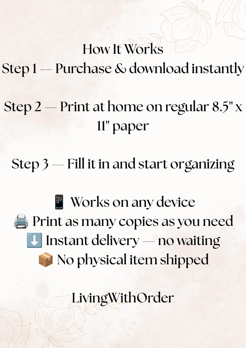 May include: A digital instruction graphic titled How It Works with three steps: Purchase & download instantly, Print at home on regular 8.5" x 11" paper, and Fill it in and start organizing. Includes icons for device, printer, download, and package.