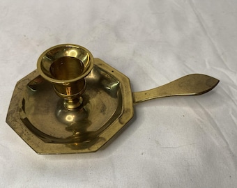 Unpolished Brass Candlestick Octagon Base Vtg Chamberstick Taper Holder Colonial