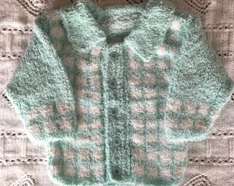 Hand-knitted Mint and White Squares cardigan.