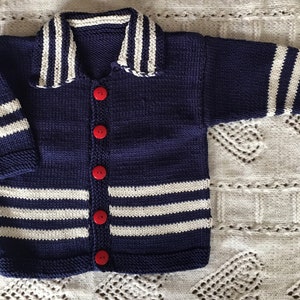 Hand-knitted Navy Blue Stripes and Buttons unisex cardigan.