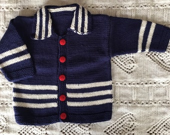 Hand-knitted Navy Blue Stripes and Buttons unisex cardigan.