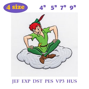 Pode incluir: Um design de bordado apresentando Peter Pan com cabelo ruivo, uma túnica verde e uma pena vermelha num gorro verde, sentado numa nuvem branca. O texto diz 4 size 4" 5" 7" 9" e JEF EXP DST PES VP3 HUS num fundo branco.