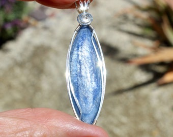 Blue Kyanite Stone Pendant, Sparkling Blue Kyanite Stone Necklace, Argentium Sterling Silver Wire Wrapped, Handmade Stone Jewelry Necklace