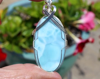 Beautiful Larimar Stone Pendant, Large Larimar Stone Necklace, Argentium Sterling Silver Wire Wrapped Aqua Blue Stone Handmade Jewelry