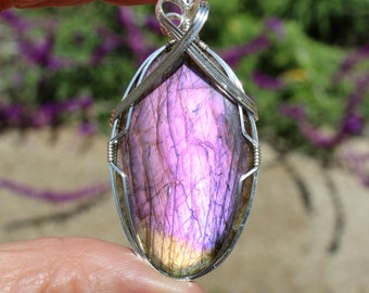 Purple Rainbow Flash Labradorite Stone Pendant, Purple Rainbow Sparkle Labradorite Necklace, Argentium Sterling Silver Wire Wrapped Pendant