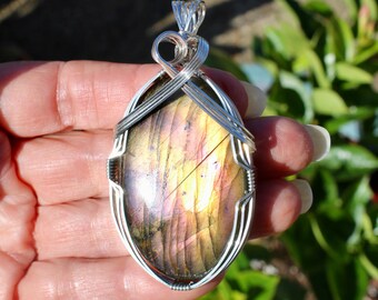 LARGE Labradorite Stone Pendant, Rainbow Labradorite Stone Necklace, Argentium Sterling Silver Wire Wrapped Pendant Handmade Stone Jewelry