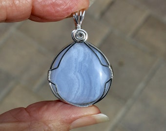 Blue Lace Agate Stone Pendant, Blue Lace Agate Necklace, Argentium Sterling Silver Wire Wrapped, Handmade Stone Jewelry Necklace
