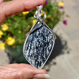 Fantastic Petrified Palm Tree Stone Pendant, Wire Wrap Pendant, Black and White Petrified Palm Tree Necklace, Argentium Sterling Silver Wire