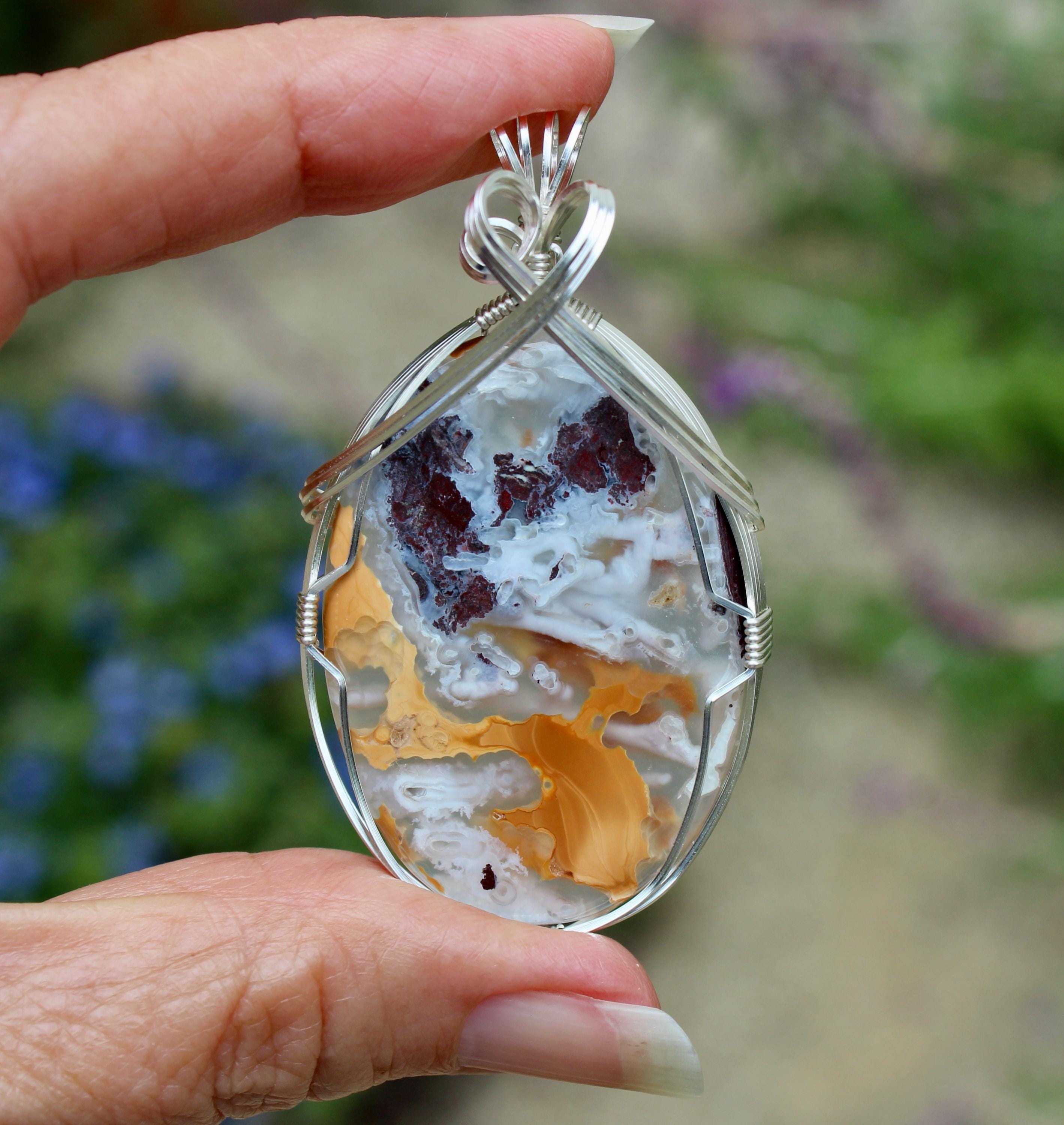 Golden Mossy Chalcedony Stone Pendant, Wire Wrap Pendant, Natural Chalcedony Stone Necklace, Argentium Sterling Silver Wire Stone Jewelry