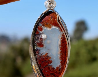 Red Plume Moss Agate Stone Pendant, Red Moss Agate Stone Necklace, Argentium Sterling Silver Wire Wrapped Pendant, Handmade Jewelry Necklace