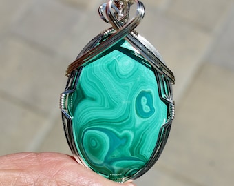 Large Malachite Chrysocolla Stone Pendant, Malachite Chrysocolla Stone Necklace, Argentium Sterling Silver Wire Wrapped, Handmade Jewelry