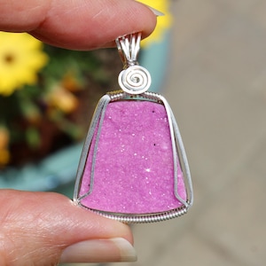 Sparkling Pink Cobalto Calcite Crystal Pendant, Pink Druzy Crystal Cobalto Calcite Necklace Argentium Sterling Silver Wire Wrapped Jewelry
