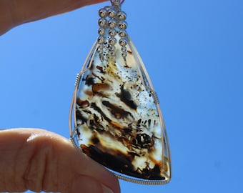 Large Montana Agate Stone Pendant, Montana Agate Picture Gemstone Necklace, Argentium Sterling Silver Wire Wrapped, Handmade Stone Jewelry