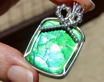 Stunning Dragon Skin Ammolite Fossil Pendant, Emerald Green Fossil Ammolite Necklace, Argentium Sterling Wire Wrapped Handmade Stone Jewelry