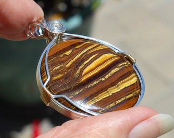 Shimmering Chatoyant Golden Tiger Eye Stone Pendant, Tiger Iron Stone Necklace, Gold Wire Wrapped, Handmade Picture Stone Jewelry