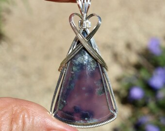 Purple Moss Chalcedony Stone Pendant, Chalcedony Purple Moss Agate Necklace, Argentium Sterling Silver Wire Wrapped, Stone Jewelry, Necklace