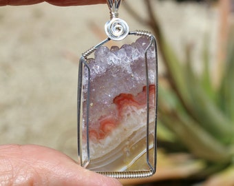 Sparkling Amethyst Crystal Solar Quartz Stalactite Slice Pendant, Rainbow Amethyst Crystal Necklace, Argentium Sterling Wire Wrapped Jewelry