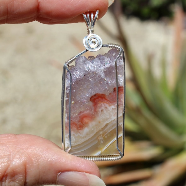 Sparkling Amethyst Crystal Solar Quartz Stalactite Slice Pendant, Rainbow Amethyst Crystal Necklace, Argentium Sterling Wire Wrapped Jewelry