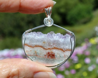 Beautiful Amethyst Crystal Solar Quartz Stalactite Slice Pendant, Amethyst Crystal Necklace, Argentium Sterling Wire Wrapped Crystal Jewelry