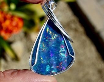 Stunning Rainbow Boulder Opal Stone Pendant Australian Rainbow Boulder Opal Necklace Argentium Sterling Silver Wire Wrapped Handmade Pendant