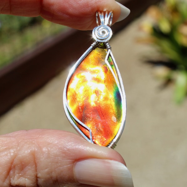 Rare Ammolite Fossil Pendant, Red Orange Yellow Green Fossil Ammolite Necklace,  Argentium Sterling Wire Wrapped, Handmade Fossil Jewelry
