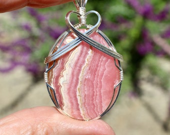 Fantastic Rhodochrosite Stone Pendant, Pink Rhodochrosite Stone Necklace, Argentium Sterling Silver Wire Wrapped, Handmade Stone Jewelry