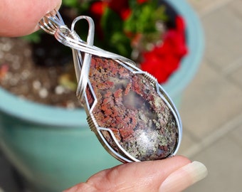 Beautiful Java Mossy Agate Stone Pendant, Java Moss Agate Gemstone Pendant, Argentium Sterling Silver Wire Wrapped, Handmade Stone Jewelry