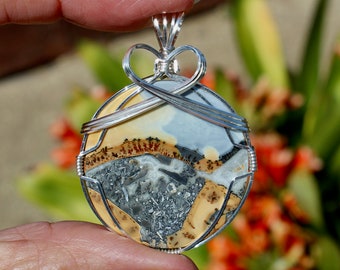 Fantastic Maligano Picture Jasper Stone Pendant, Scenic Maligano Jasper Necklace, Argentium Sterling Silver Wire Wrapped, Handmade Jewelry