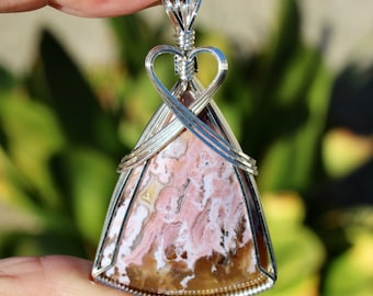 Stunning Pink Lace Agate Stone Pendant, Pink Lace Agate Necklace, Argentium Sterling Silver Wire Wrapped, Handmade Stone Jewelry