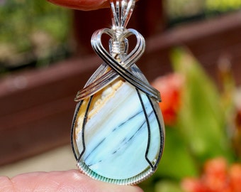 Rare Blue Opalized Petrified Wood Agate Stone Pendant, Petrified Opalized Wood Necklace Argentium Sterling Silver Wire Wrapped Stone Pendant