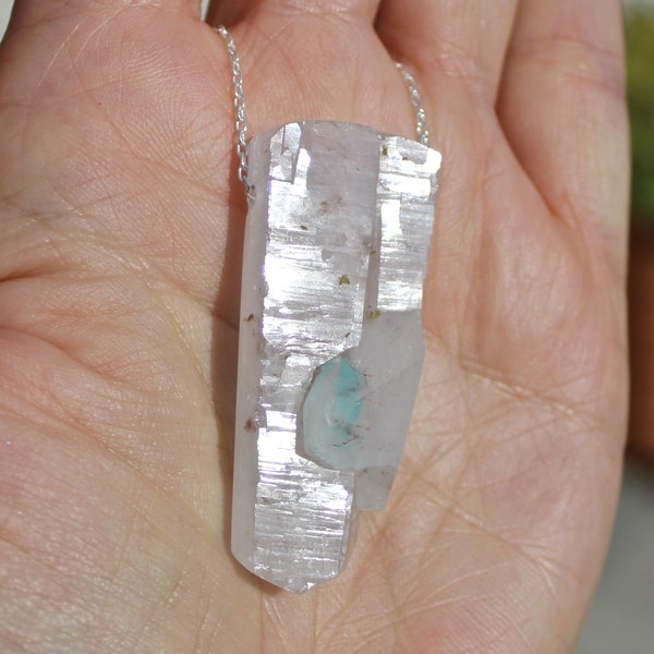 Rare Ajoite in Quartz Crystal Stone Pendant, Large Ajoite Quartz Crystal Necklace, 925 Italian Sterling Silver Chain, Jewelry Necklace