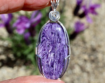 Fantastic Charoite Stone Pendant, Purple Chatoyant Charoite Stone Necklace, Wire Wrapped in Argentium Sterling Silver Handmade Stone Jewelry