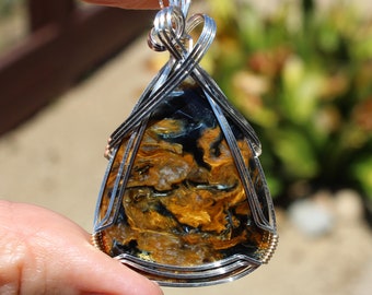 Fantastic Golden Blue Pietersite Pendant, Shimmering Golden Pietersite Necklace, Argentium Sterling Silver And Gold Wire Wrapped Jewelry