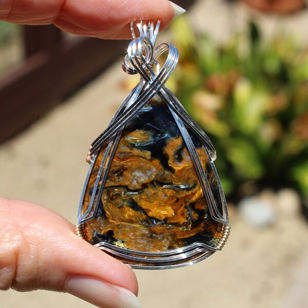 Fantastic Golden Blue Pietersite Pendant, Shimmering Golden Pietersite Necklace, Argentium Sterling Silver And Gold Wire Wrapped Jewelry